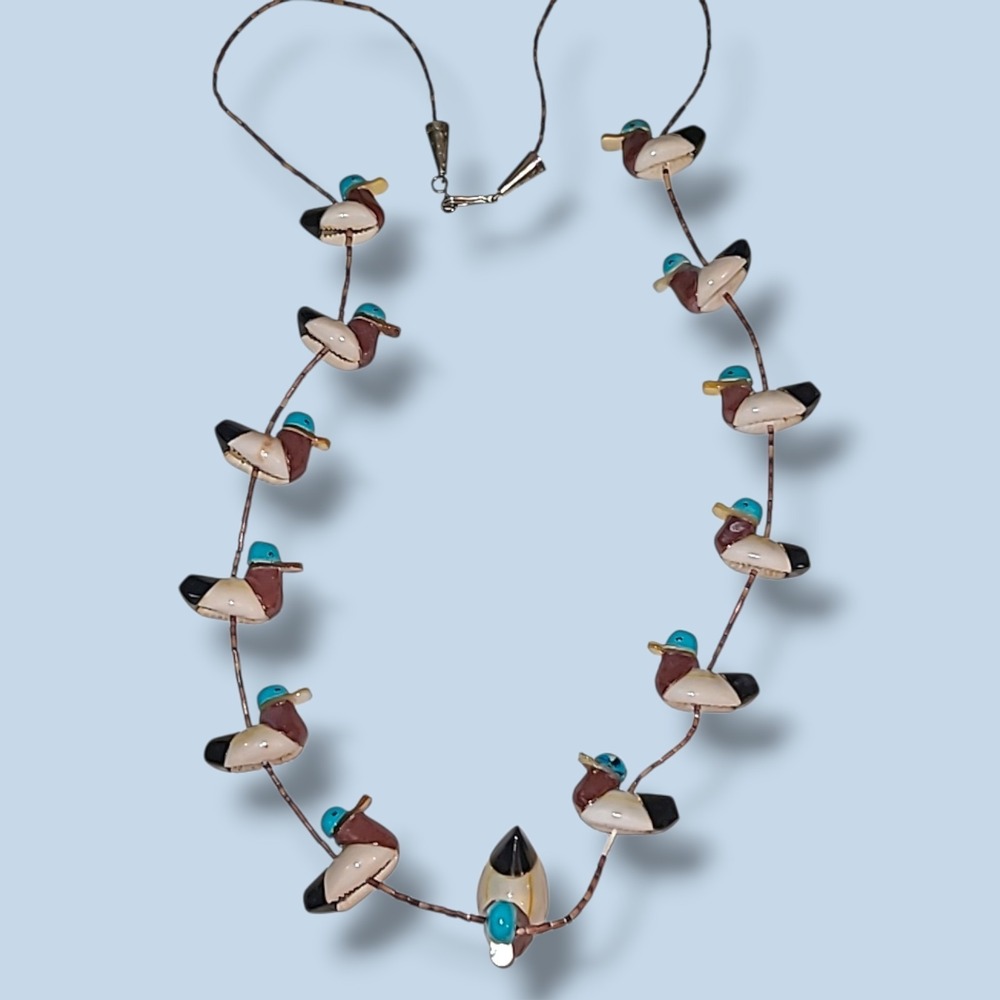 Vintage Navajo Fetish Necklace Mallard Ducks Cowrie Shell Native American